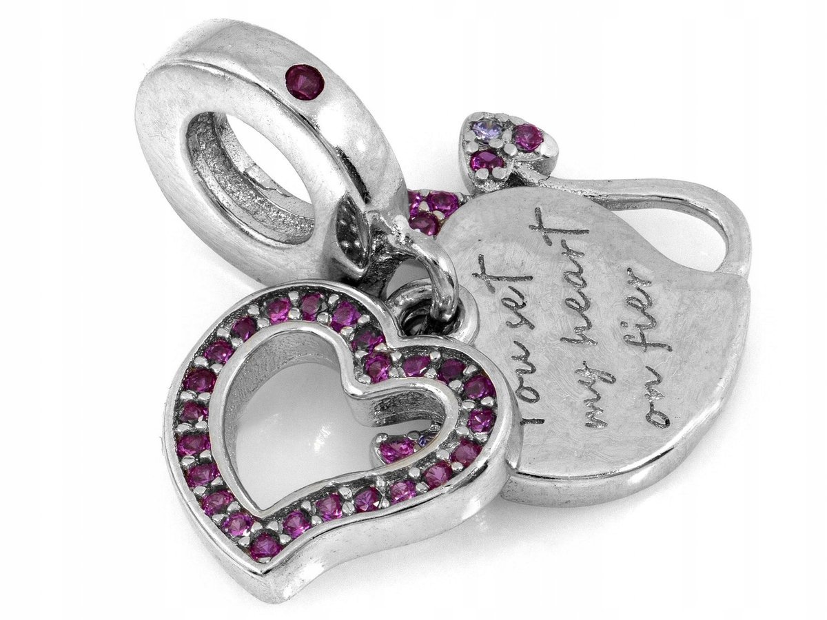 Srebrna 925 zawieszka beads serce do bransoletki z różowymi cyrkoniami 2.65