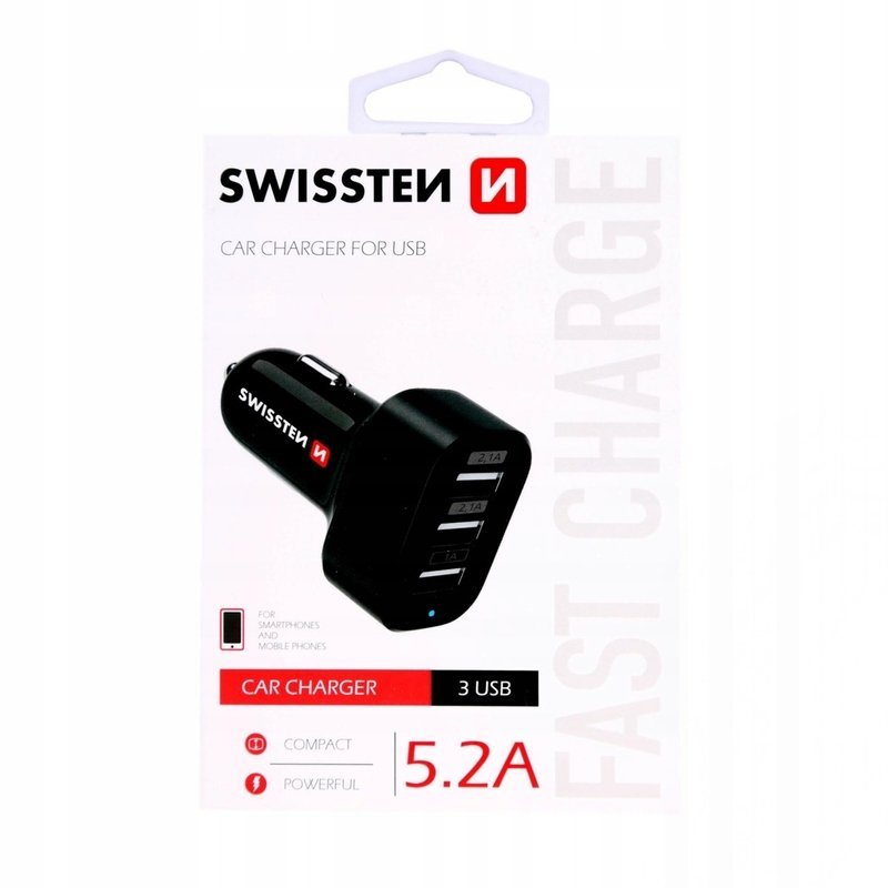 ŁADOWARKA SAMOCHODOWA 2x USB 2,1A +USB 1A SWISSTEN