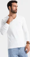 Koszulki męskie - Męski longsleeve V-neck SLIM FIT z elastanem i printem biały V2 OM-LSBC-0123 XL - miniaturka - grafika 1