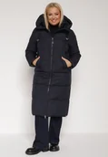 Kurtki damskie - Granatowa Długa Kurtka Pikowana z Kapturem i Bocznymi Suwakami Mevoressa - miniaturka - grafika 1