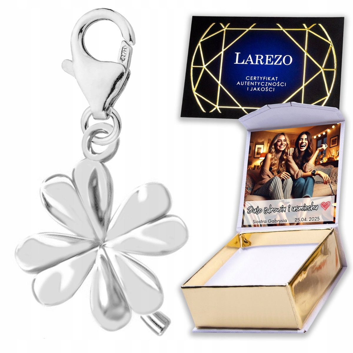 Zawieszka Srebrna 925 z Koniczyną Czterolistna Koniczyna Clover Liść NADRUK