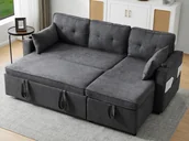 Sofy i kanapy - Sofa rozkładana 3-osobowa - bawełniana - z pojemnikiem i uchwytem na kubek - Szara - miniaturka - grafika 1