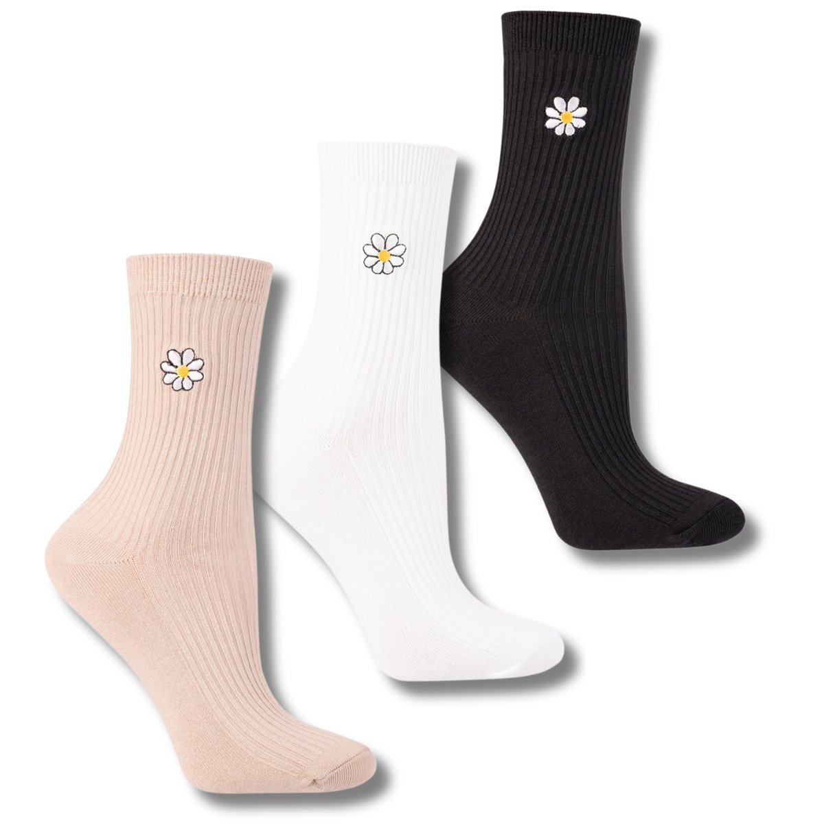 WYSOKIE SKARPETKI DAMSKIE MORAJ SKARPETY DŁUGIE Z HAFTEM KWIATY 3-PAR 35-38