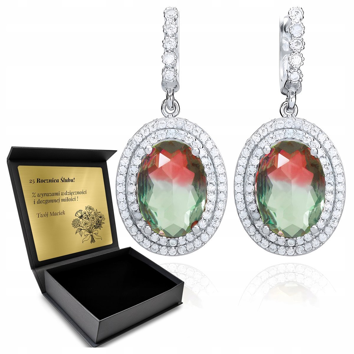Kolczyki Srebrne 925 Cyrkonie I Turmalin Biżuteria Dla Kobiety + Grawer