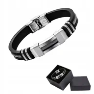 Bransolety męskie - Bransoletka Męska Czarna Skórzana Siateczka Srebrna Stal Chirurgiczna 316L - miniaturka - grafika 1