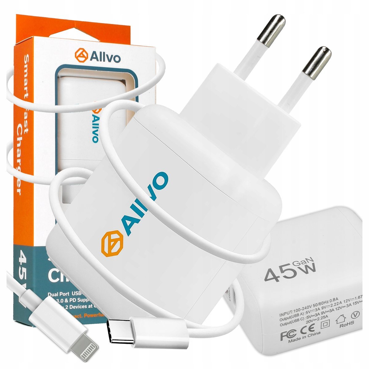 SZYBKA ŁADOWARKA SIECIOWA 45W GaN USB-C TYPU C PD QC-3 KOSTKA + KABEL LIGHT