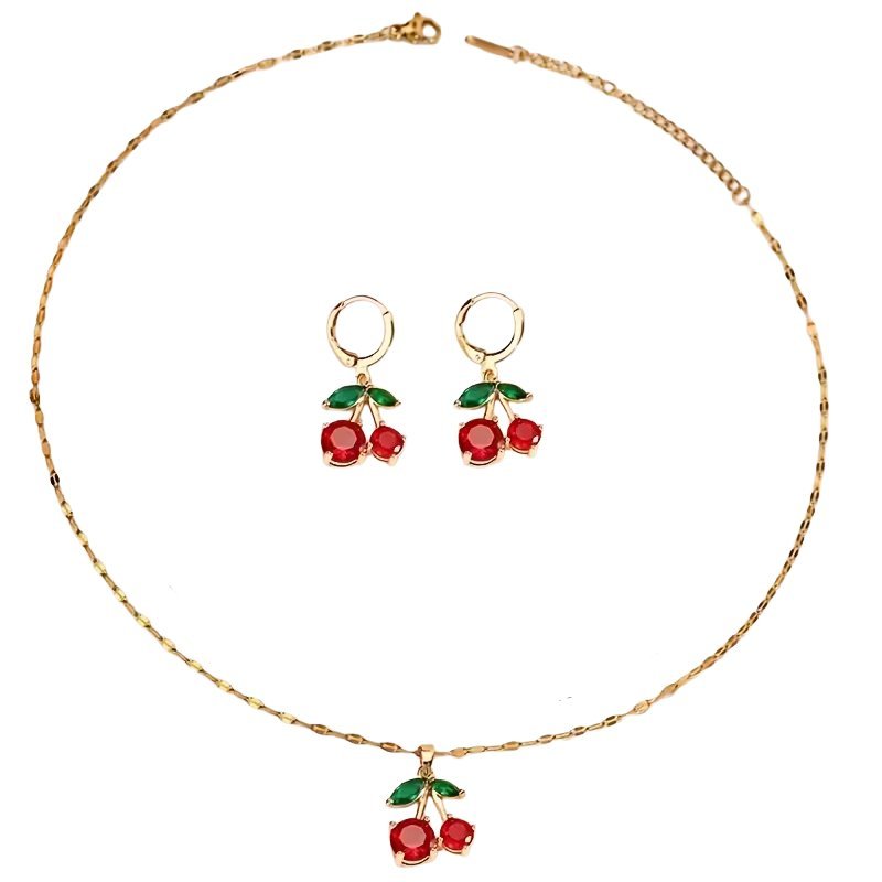 Zestaw Naszyjnik i Kolczyki Wisienki Kolor Złoty z Czerwonym