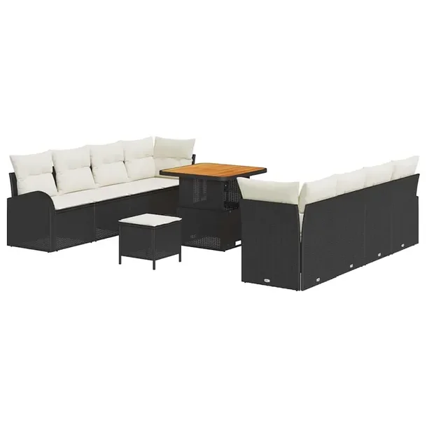 Zestaw Sof Ogrodowych z Polirattanu, Czarny, 4 Osoby, Kremowe Poduszki