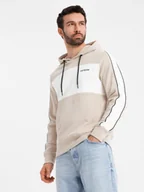 Bluzy męskie - Bawełniana męska bluza z kapturem z kontrastującymi elementami - beżowa V2 OM-SSNZ-0225 M - miniaturka - grafika 1
