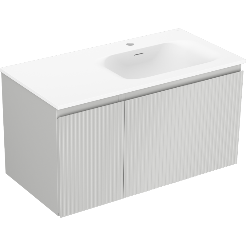 Mexen Rivel szafka łazienkowa 90 cm z umywalką Vela prawą, 1S, 1D, ryflowana, szara mat/biała mat - 91A23-09047-3-BBFF62-W23P01