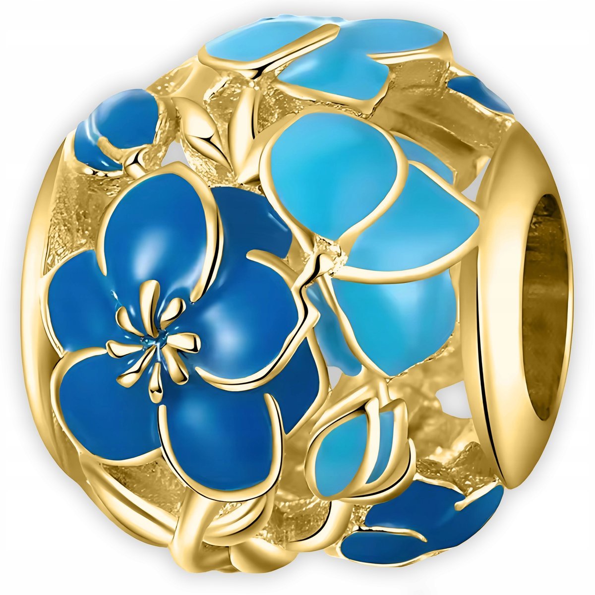 Złoty Charms Koralik Emalia z Kwiatami Niebieski Kwiat SREBRO 925