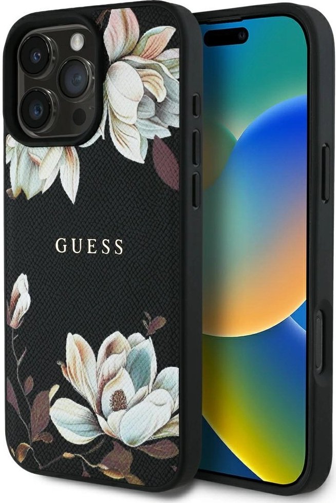 Guess Etui Grained Flower Pattern do MagSafe do iPhone 16 Pro, czarne z kwiecistym wzorem