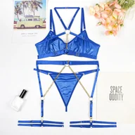 Komplety bielizny - Lateksowy zestaw bielizny z łańcuszkami - Niebieski L - miniaturka - grafika 1