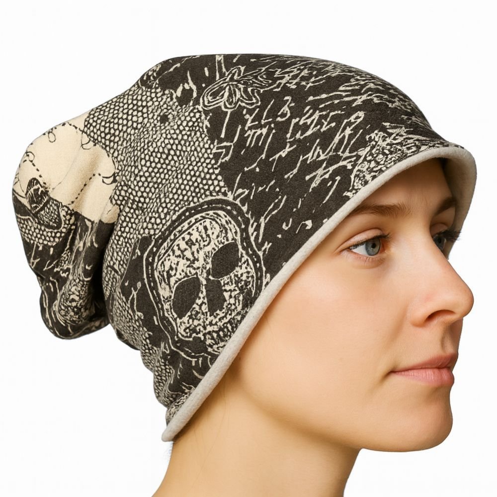 Czapka damska Beanie włoska cienka smerfetka beżowa w czarne wzory