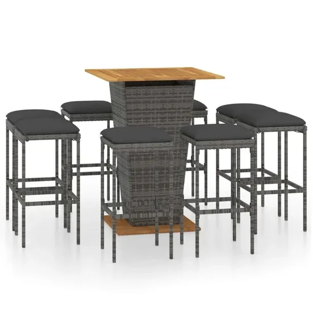 Zestaw mebli barowych ogrodowych 80x80 szary rattan PE/akacja 8 hokerów