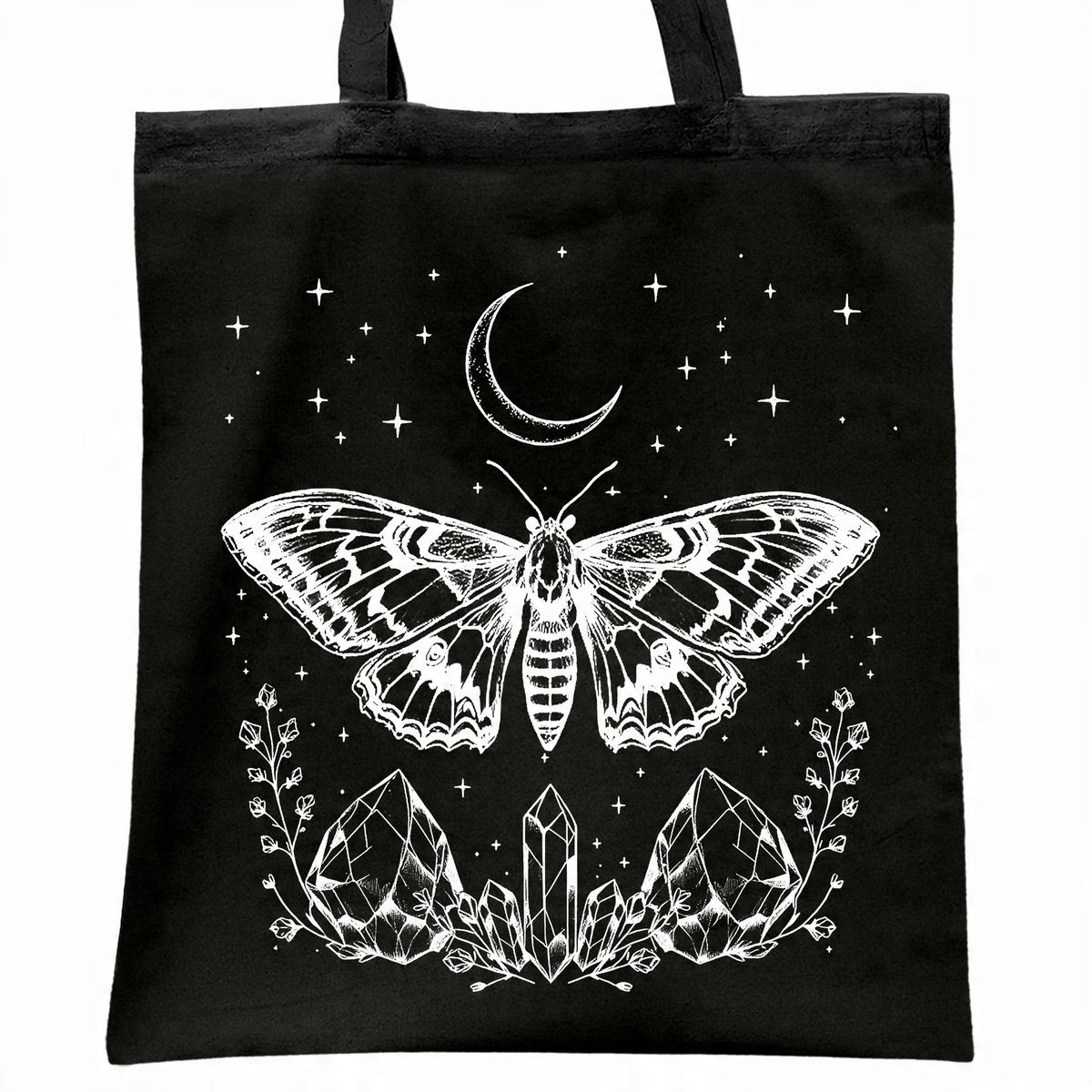 Torba bawełniana czarna na zakupy Kryształy Motyl Księżyc Magia
