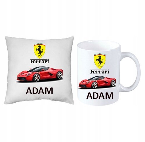 ZESTAW PREZENT PODUSZKA + KUBEK Ferrari Auto +IMIĘ