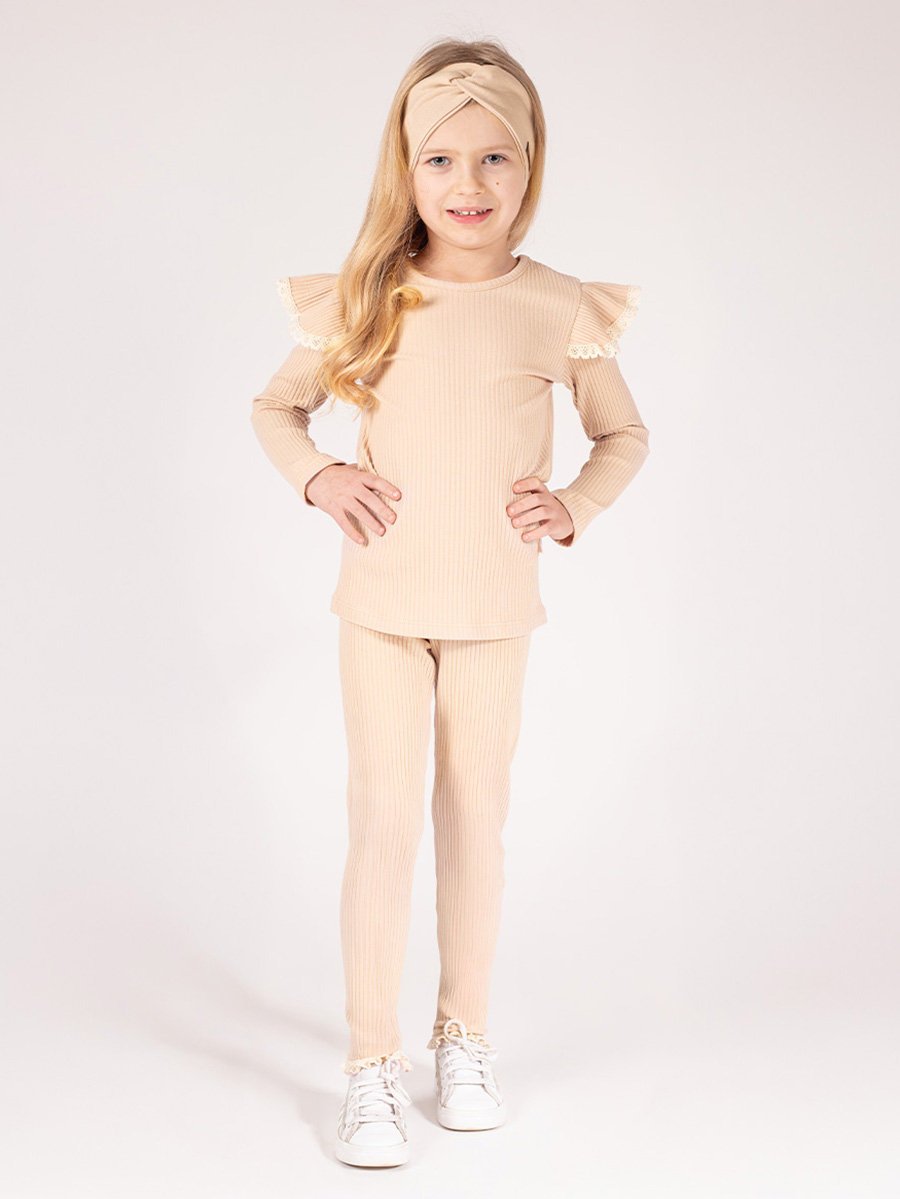 Dziewczęce legginsy prążkowane z koronką beżowe Nicol,r.122