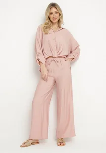 Różowy Wiskozowy Komplet Oversize Koszula i Spodnie z Gumką w Talii Natilira - Komplety damskie - miniaturka - grafika 1