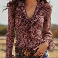 Koszule damskie - TEMU Różowa koszula z szyfonu w panterkę z dekoltem w serek i długim rękawem Eleganckie falbanki, idealna na wiosnę//jesień - miniaturka - grafika 1