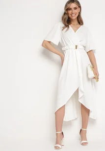 Biała Rozkloszowana Sukienka Kopertowa z Gumką w Talii i Ozdobnym Paskiem Vasena - Sukienki - miniaturka - grafika 1