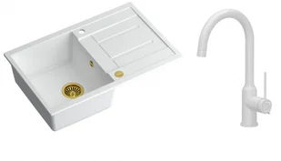 Quadron Zlewozmywak granitowy jednokomorowy 78*50*22 cm z ociekaczem MORGAN 111 SNOW WHITE ze złotym odpływem z baterią INGRID Q LINE SNOW WHITE kolor biały mat - Zlewozmywaki z baterią - miniaturka - grafika 1