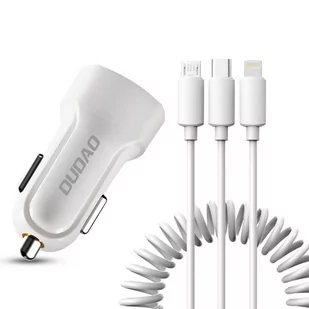 Dudao zestaw samochodowa ładowarka 2x USB 2.4A + kabel przewód USB 3w1 Lightning / Typ C / micro USB biały (R7 white) - Ładowarki do telefonów - miniaturka - grafika 1