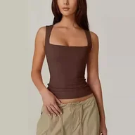 Koszulki i topy damskie - Obcisły top z kwadratowym dekoltem - Brązowy XL - miniaturka - grafika 1