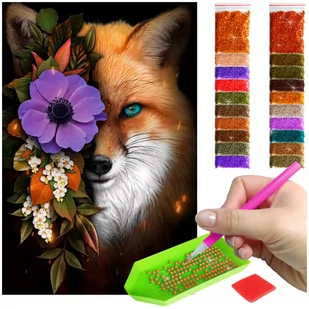 Haft Diamentowy ARTULIO, Obraz DIY 5D, Diamond Painting, Mozaika Diamentowa 40X60cm (Młody lisek z kwiatem) + Zestaw Akcesoriów - Zabawki kreatywne - miniaturka - grafika 1
