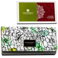 Portfele - Duży poziomy portfel damski z lakierowanej skóry naturalnej szary z zielonym kwiatowym motywem PETERSON pojemny funkcjonalny bilon na zatrzask schow.. - miniaturka - grafika 1