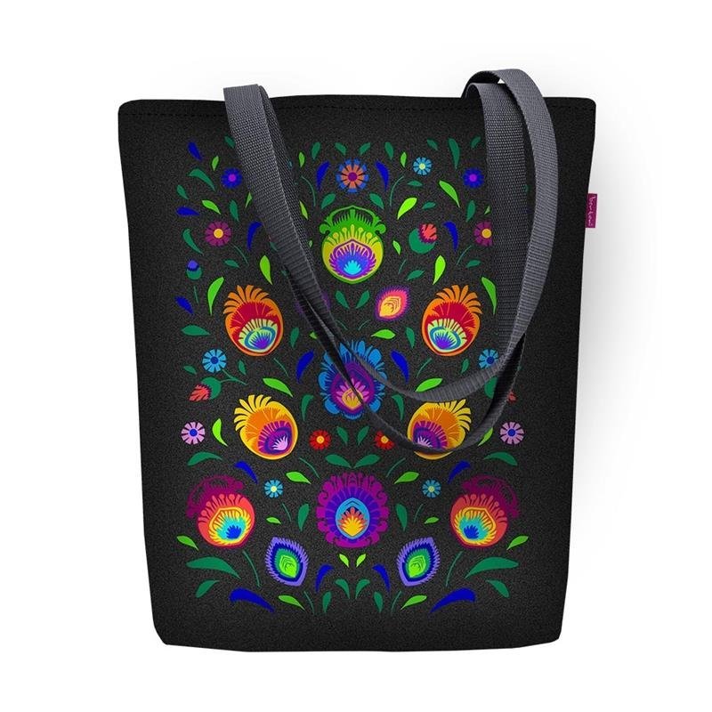 Torebka płócienna Sunny, nadruk regionany Oberek – shopperka damska, wodoodporna, zamek, mieści A4, udźwig do 10 kg, polska produkcja, ARCO Design