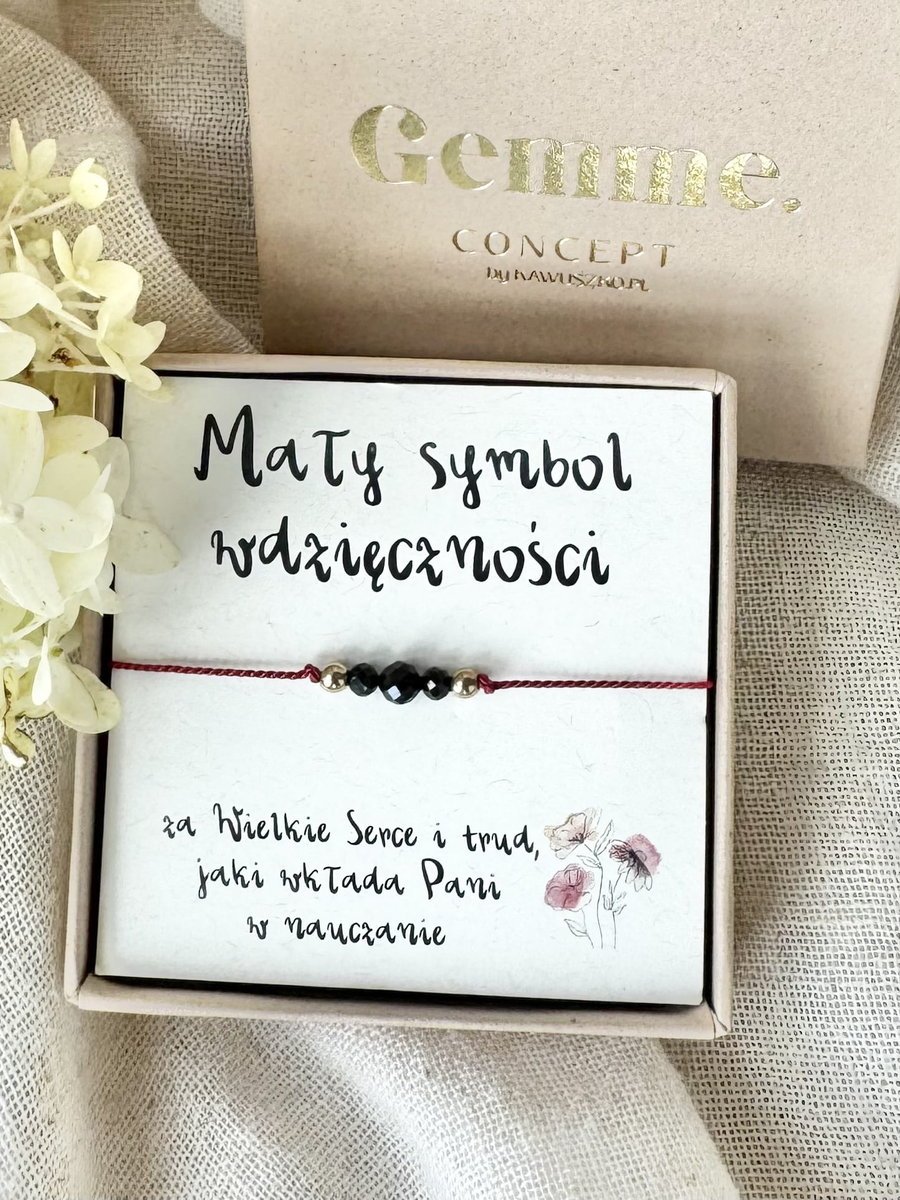 Mały symbol wdzięczności bransoletka z kamieni naturalnych TURMALIN na jedwabnej czerwonej regulowanej nici na Dzień Nauczyciela dla Nauczycielki w ..