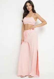 Różowy Komplet z Wiskozą Top z Wiązaniem i Szerokie Spodnie z Rozcięciami Zirellia - Komplety damskie - miniaturka - grafika 1