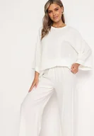 Komplety damskie - Biały Wiskozowy Komplet Szerokie Spodnie z Gumką w Talii Góra o Kroju Nietoperza Odrina - miniaturka - grafika 1