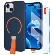 Etui i futerały do telefonów - Etui z Paskiem na palec Matowe GRANATOWE do iPhone 15do MagSafe +Szkło - miniaturka - grafika 1