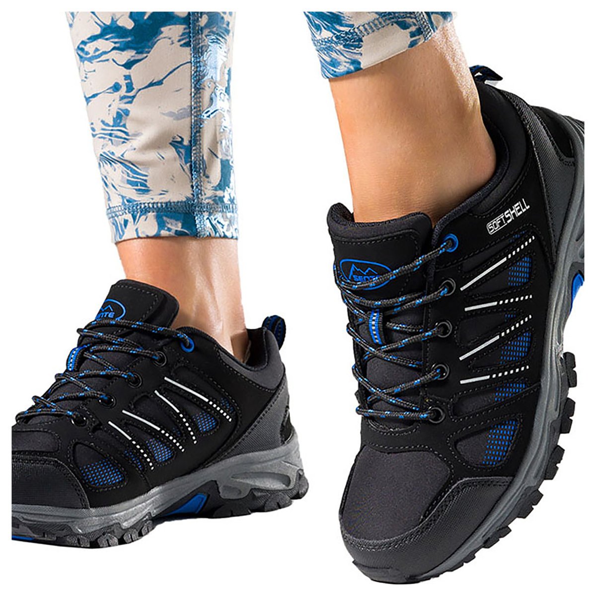 Czarne buty trekkingowe damskie z niebieskimi dodatkami sznurowane softshell Casu B2114-3-39