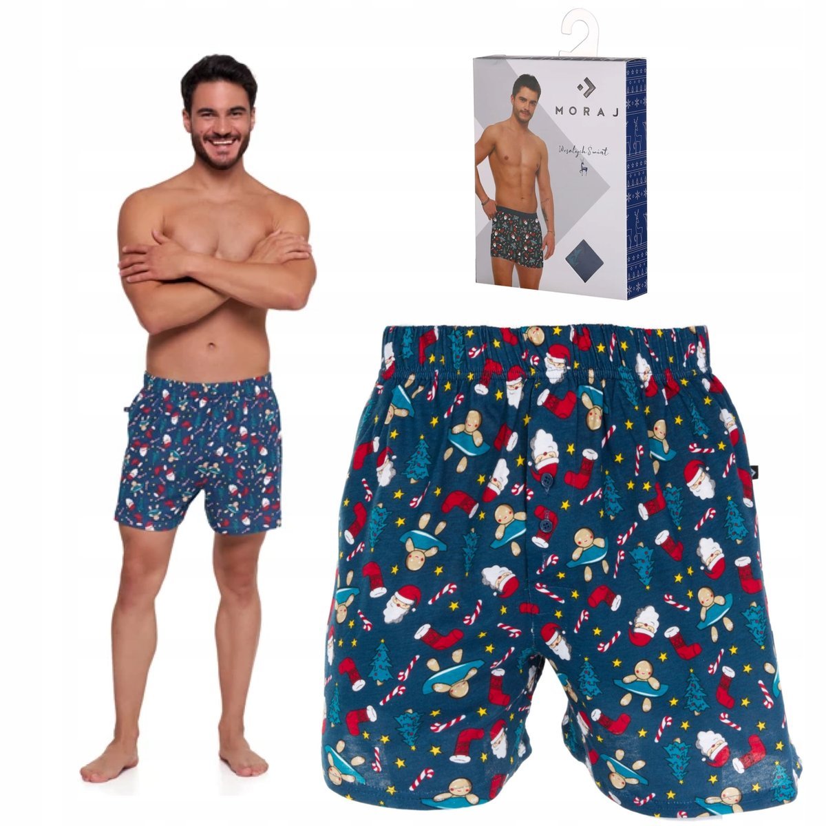 BOKSERKI ŚWIĄTECZNE MĘSKIE LUŹNE PREZENT NA ŚWIĘTA BAWEŁNA MORAJ 1SZT. L NAVY
