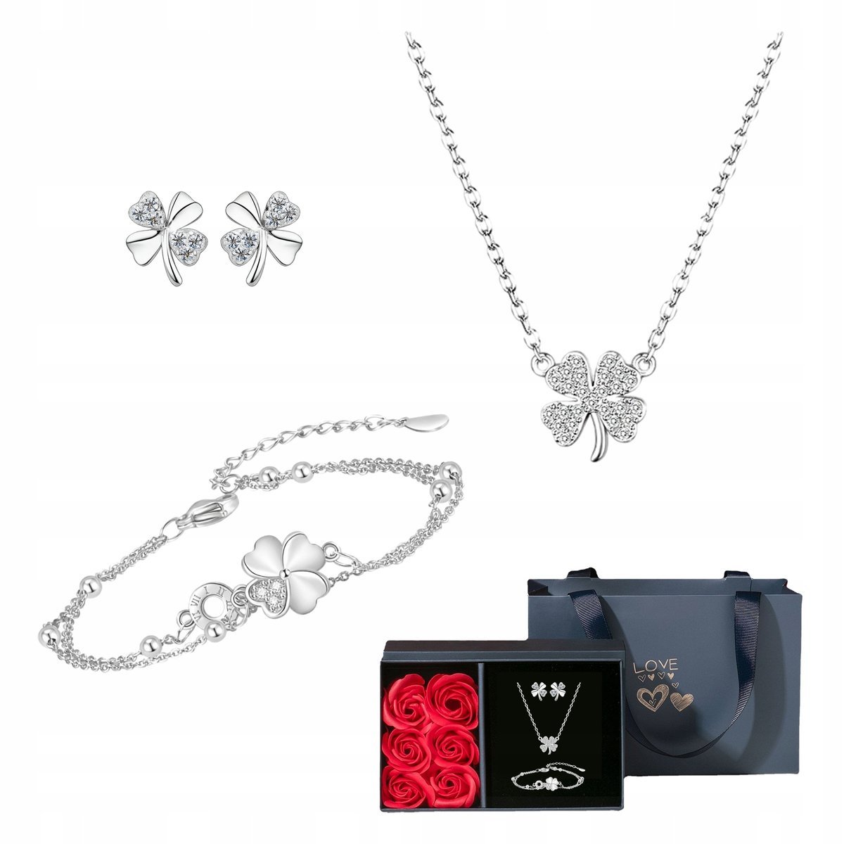 Komplet Biżuterii Srebrny 925 Czterolistna Koniczynka Kryształki Na Prezent