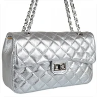 Torebki damskie - Śliczna srebrna skórzana torebka pikowana rozmiar L - miniaturka - grafika 1
