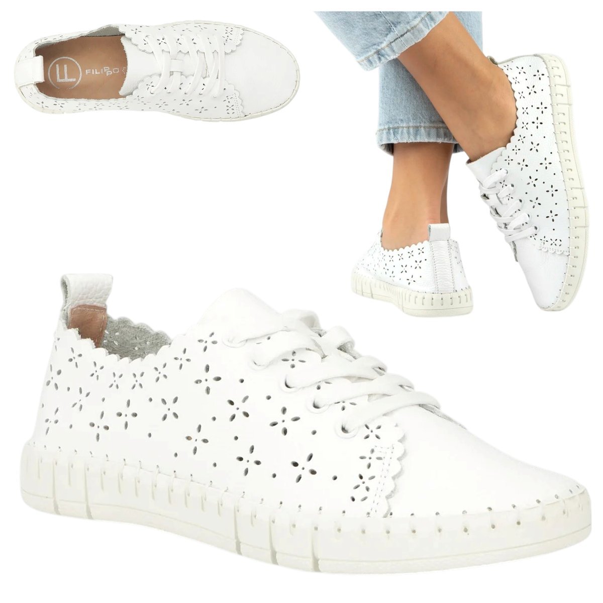 Sneakersy Damskie SKÓRZANE FILIPPO Wygodne Półbuty Białe Płaskie Modne 38