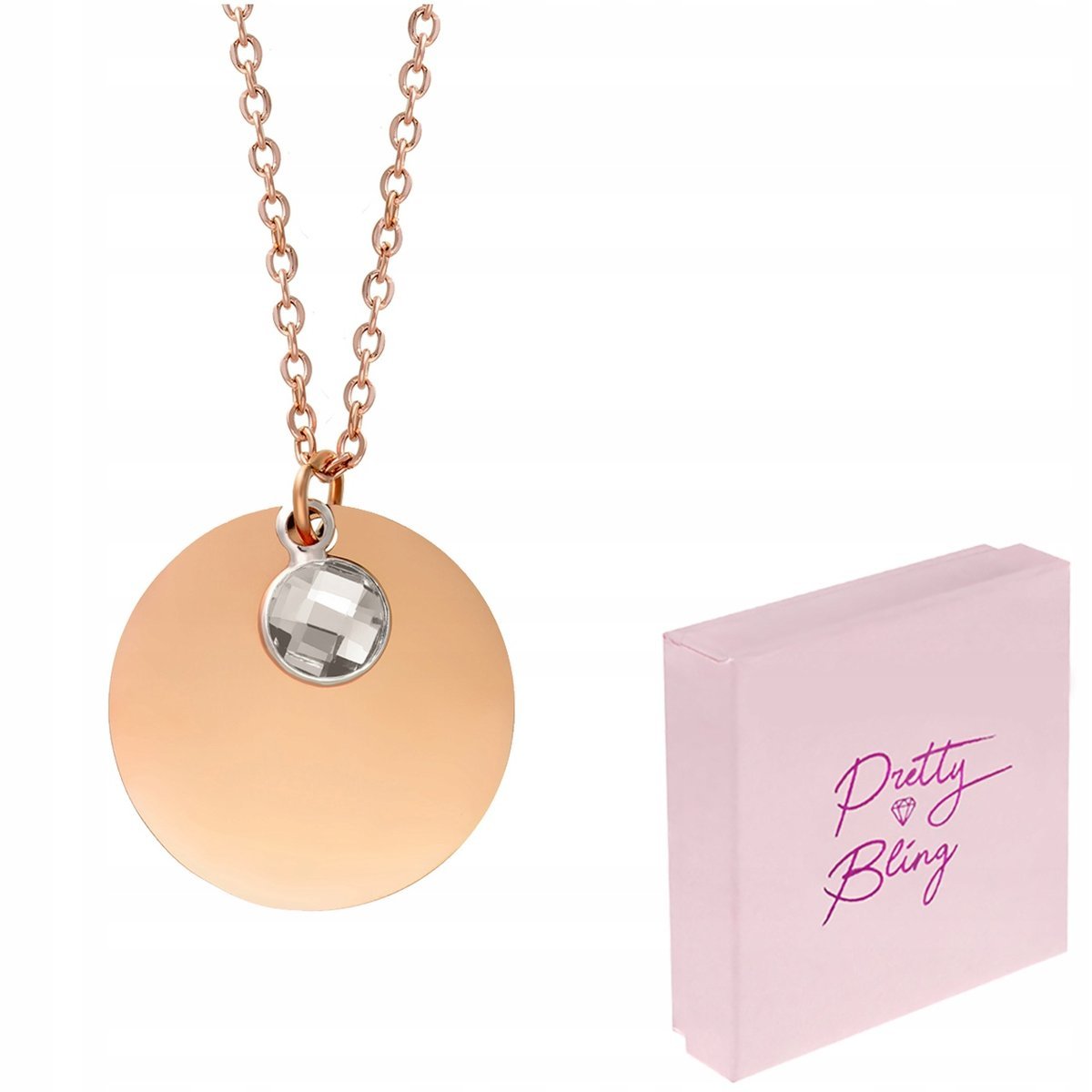 Naszyjnik damski pozłacany różowe złoto MEDALIK z grawerem kółko CYRKONIA