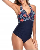 Stroje kąpielowe - STRÓJ KĄPIELOWY JEDNOCZĘŚCIOWY MODELUJĄCY KWIATY GRANATOWY MARSZCZONY XL - miniaturka - grafika 1