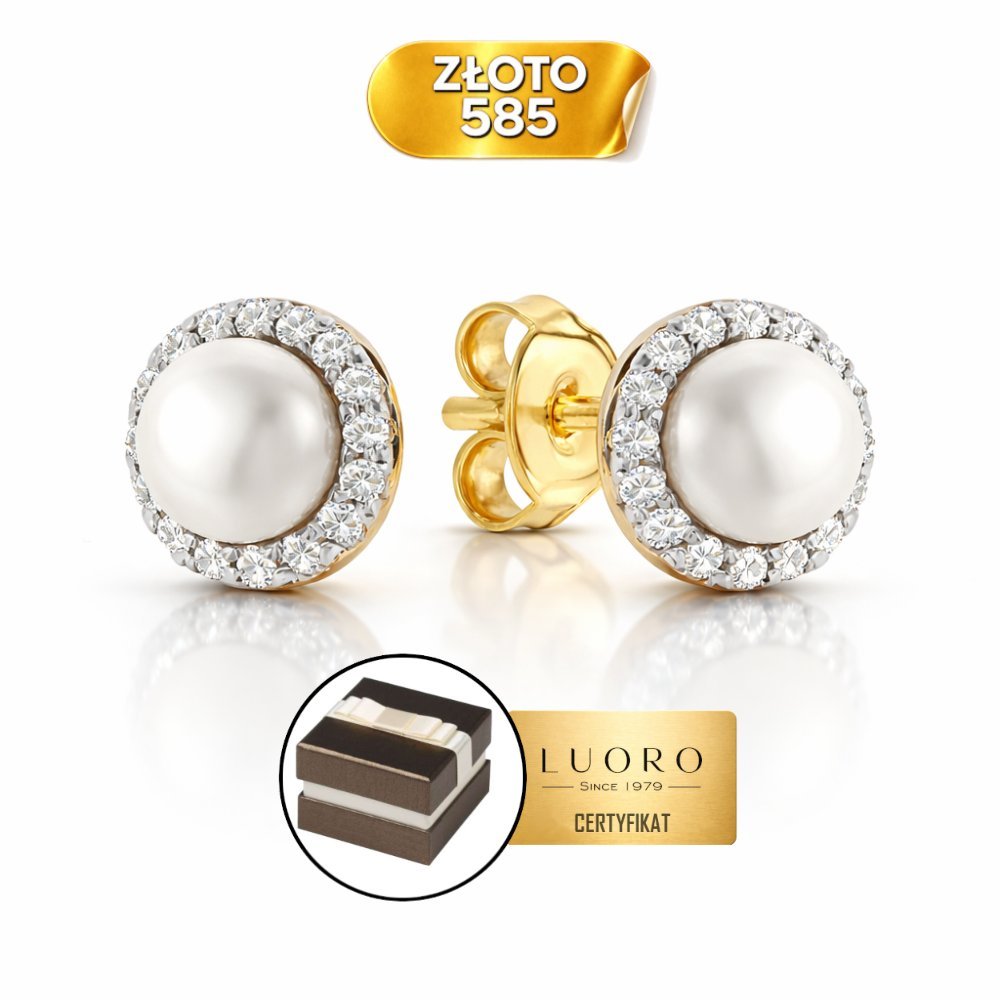 KOLCZYKI ZŁOTE 585 14K PERŁA CYRKONIE SZTYFT 7,4 MM ELEGANCKIE
