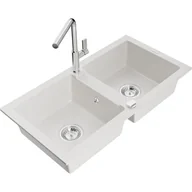 Zlewozmywaki z baterią - Mexen Mario zlewozmywak granitowy 2-komorowy z baterią kuchenną Flora, biały - miniaturka - grafika 1