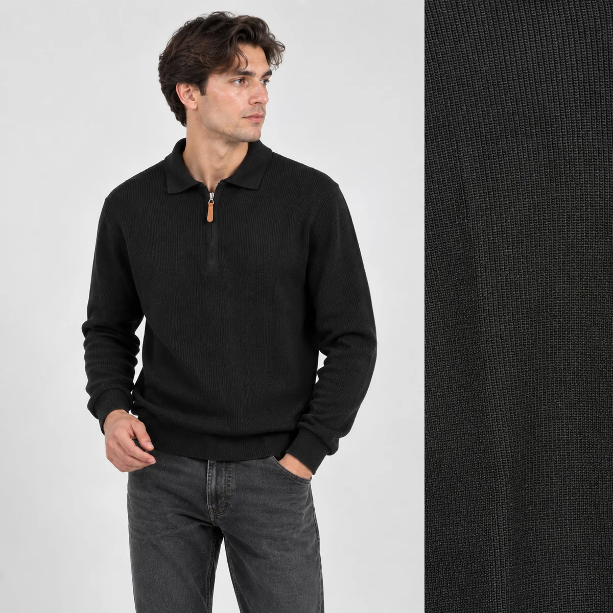 Sweter Męski Bawełniany Z Półzamkiem Stójką Elegancki Klasyczny Czarny XL