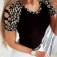 Bluzki damskie - TEMU T-shirt Z Okrągłym Dekoltem W Panterkę, Swobodny Top Z Krótkim Rękawem I Wycięciem Na Wiosnę I , Odzież Damska - miniaturka - grafika 1