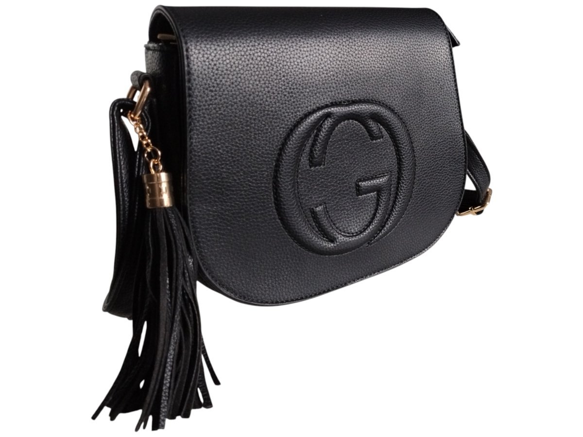 Torebka Damska Listonoszka Czarna Skóra Ekologiczna Złote Okucia Z Frędzlem