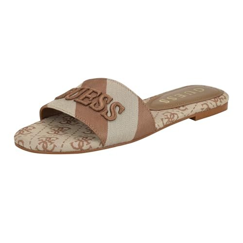 GUESS Damskie sandały Harini płaskie, średnie brązowe/białe paski Multi 210, 40 EU, Średni brązowy biały pasek Multi 210, 40 EU
