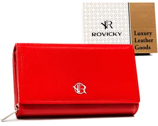 Damski skórzany portfel Rovicky na karty pojemna portmonetka na zatrzask z ochroną RFID, czerwony - Portfele - miniaturka - grafika 1