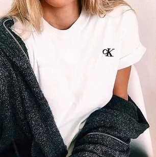 Koszulka Damska T-shirt BIAŁY OKRĄGŁY DEKOLT Calvin Klein haftowane logo L - Koszulki i topy damskie - miniaturka - grafika 1